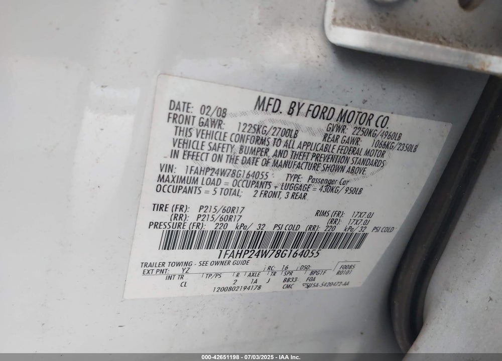 2008 FORD TAURUS VIN: 1FAHP24W78G164055