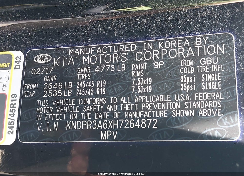 2017 KIA SPORTAGE VIN: KNDPR3A6XH7264872
