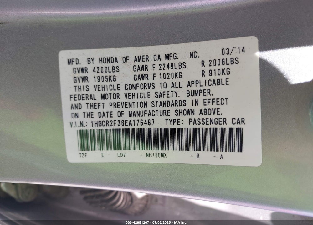 2014 HONDA ACCORD LX VIN: 1HGCR2F36EA176487