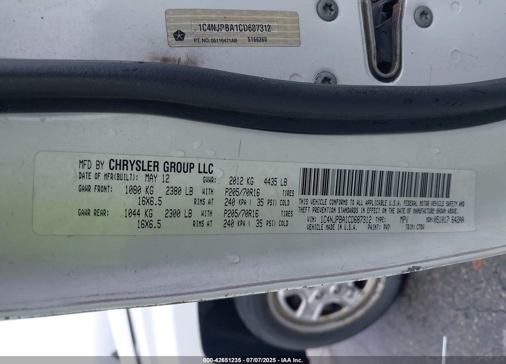 2012 JEEP PATRIOT VIN: 1C4NJPBA1CD687312