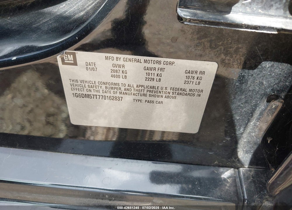 2007 CADILLAC CTS VIN: 1G6DM57T770162837