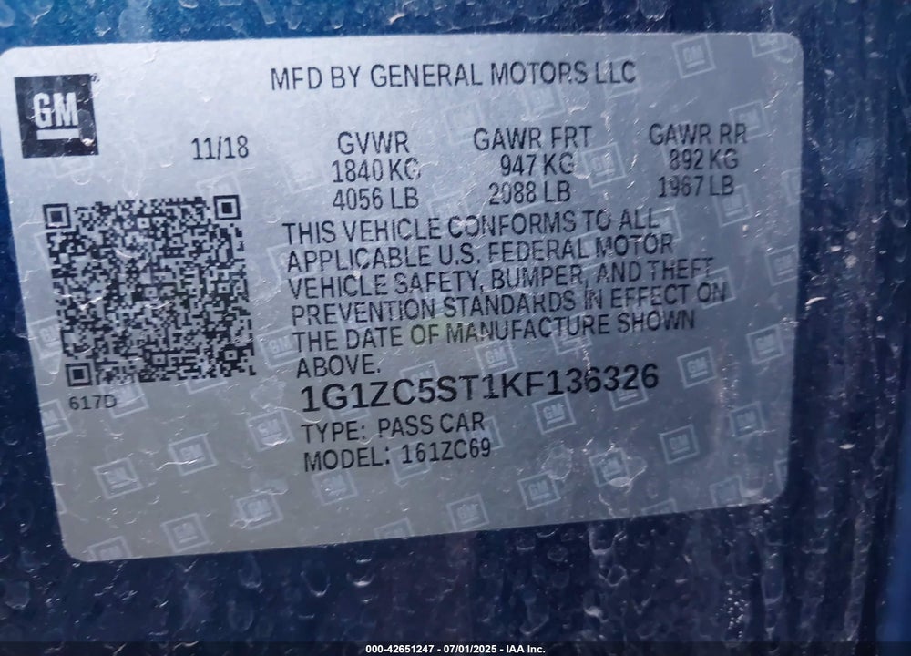 2019 CHEVROLET MALIBU 1FL VIN: 1G1ZC5ST1KF136326