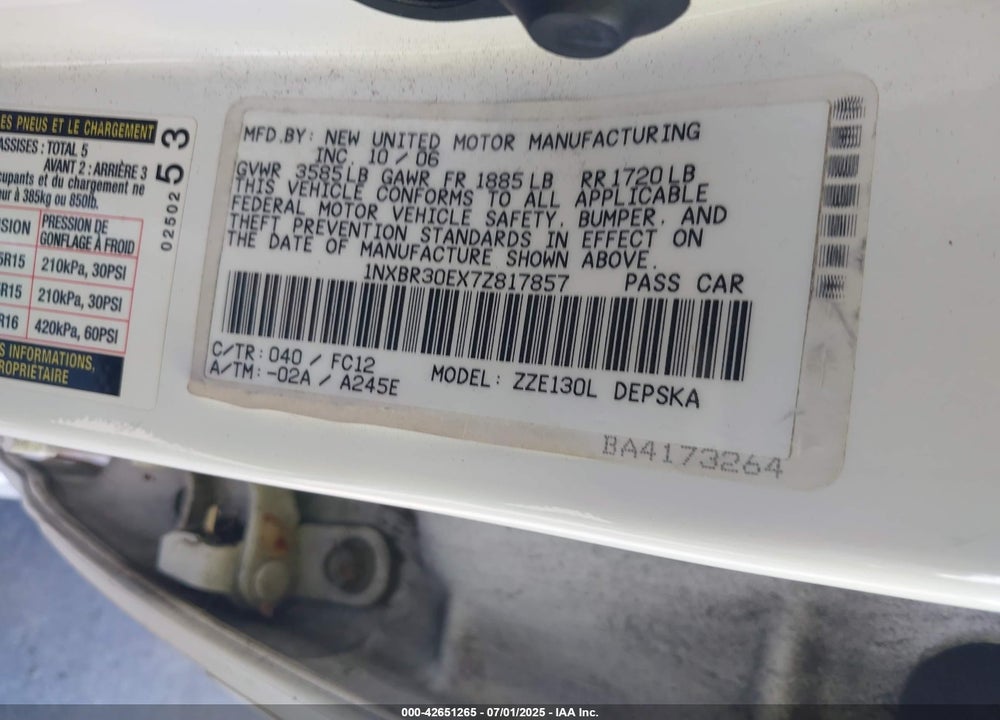 2007 TOYOTA COROLLA S VIN: 1NXBR30EX7Z817857