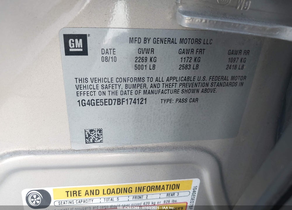 2011 BUICK LACROSSE VIN: 1G4GE5ED7BF174121