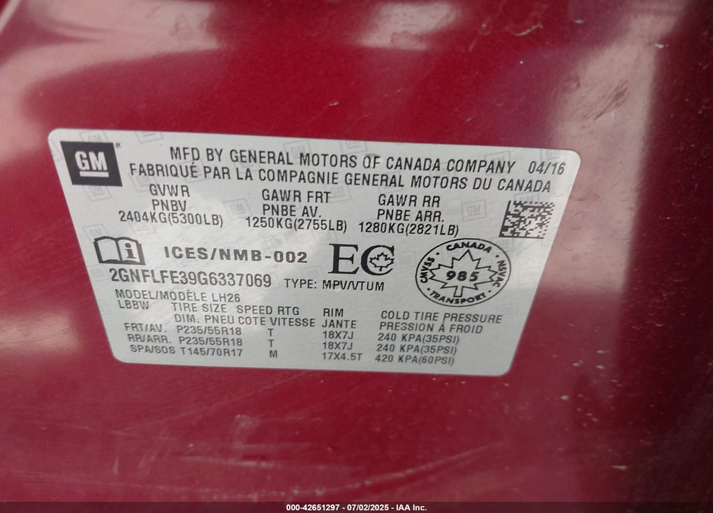 2016 CHEVROLET EQUINOX VIN: 2GNFLFE39G6337069