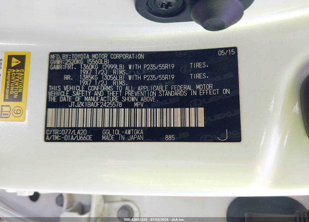 2015 LEXUS RX 350 VIN: JTJZK1BA0F2425578