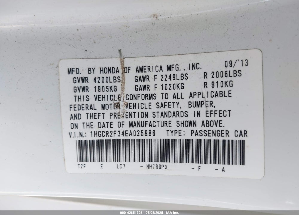 2014 HONDA ACCORD VIN: 1HGCR2F34EA025986