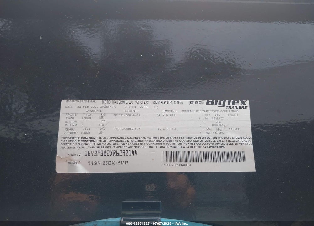 2024 TRAILER BIG TEX  CO INC VIN: 16V3F382XR6292144