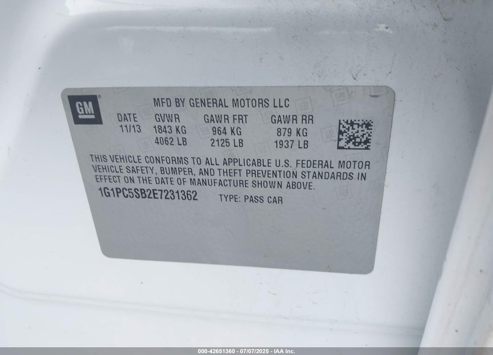 2014 CHEVROLET CRUZE VIN: 1G1PC5SB2E7231362