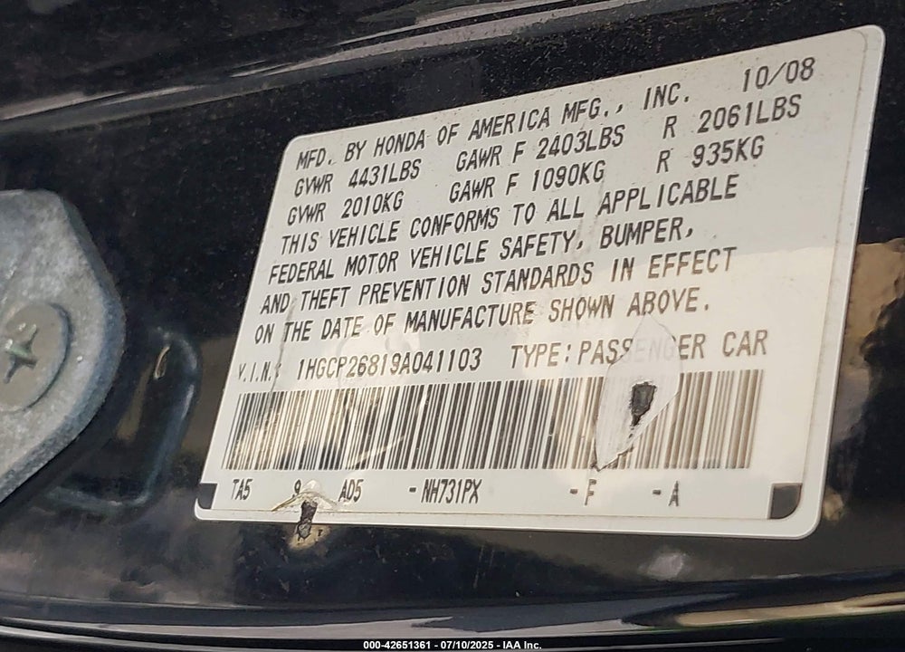 2009 HONDA ACCORD VIN: 1HGCP26819A041103