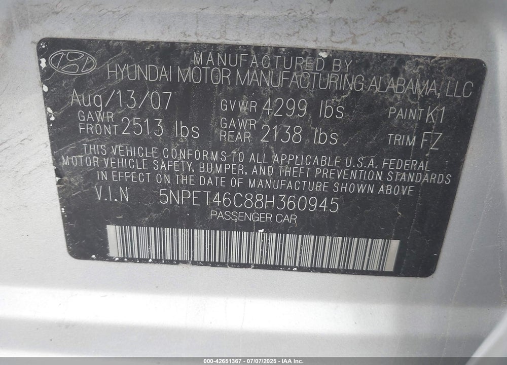2008 HYUNDAI SONATA VIN: 5NPET46C88H360945