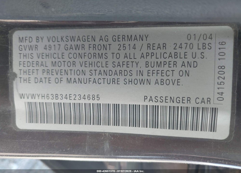 2004 VOLKSWAGEN PASSAT GLX VIN: WVWYH63B34E234685