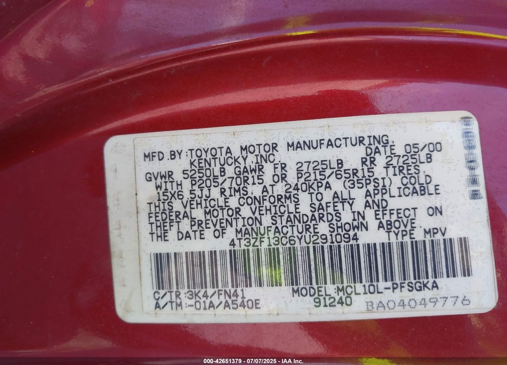 2000 TOYOTA SIENNA LE VIN: 4T3ZF13C6YU291094