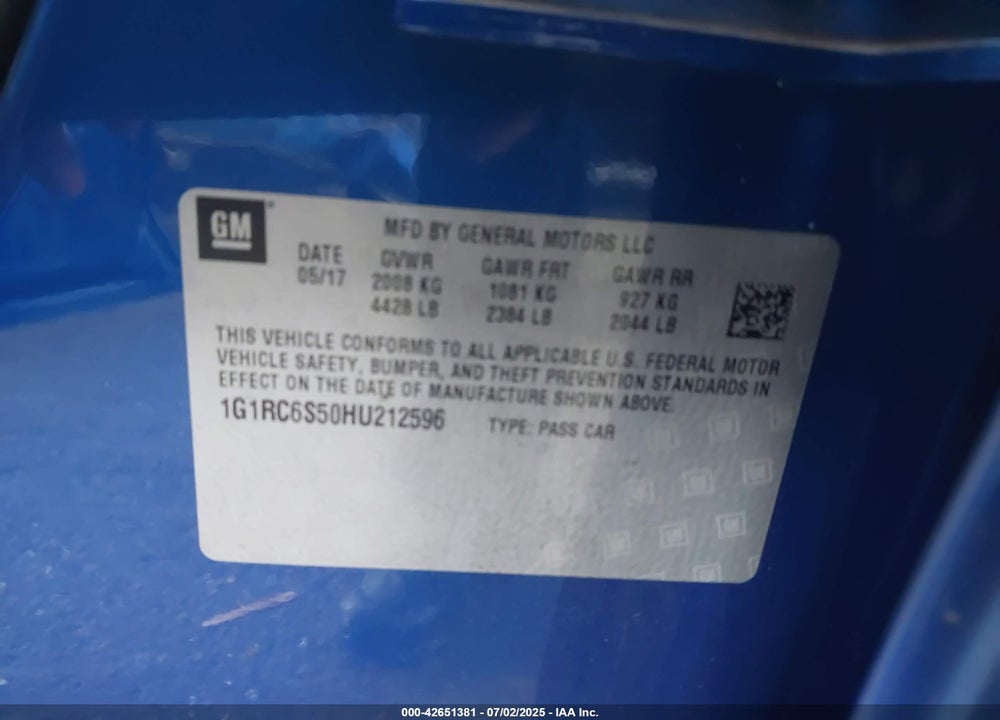 2017 CHEVROLET VOLT VIN: 1G1RC6S50HU212596