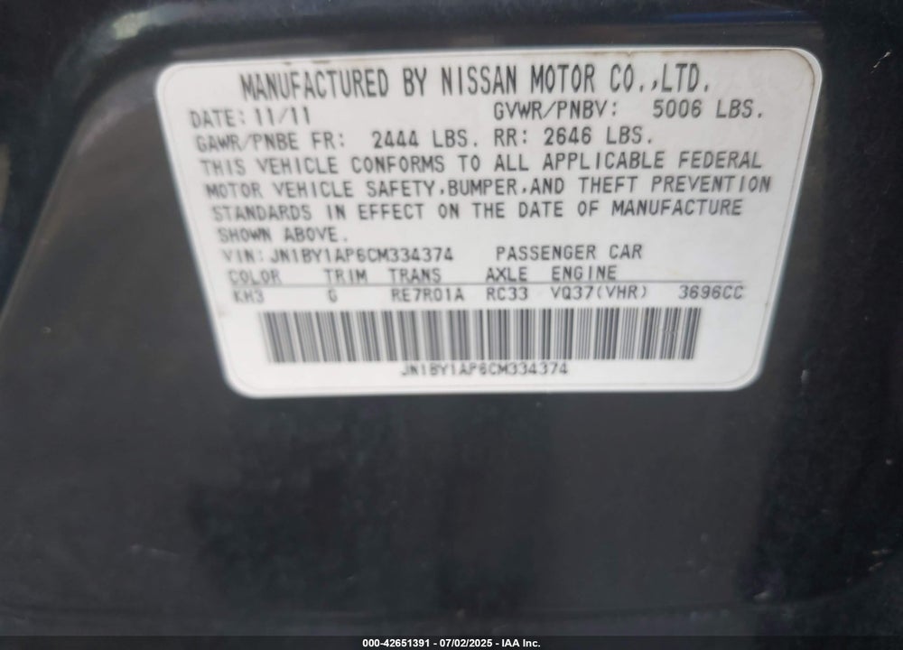 2012 INFINITI M37 VIN: JN1BY1AP6CM334374