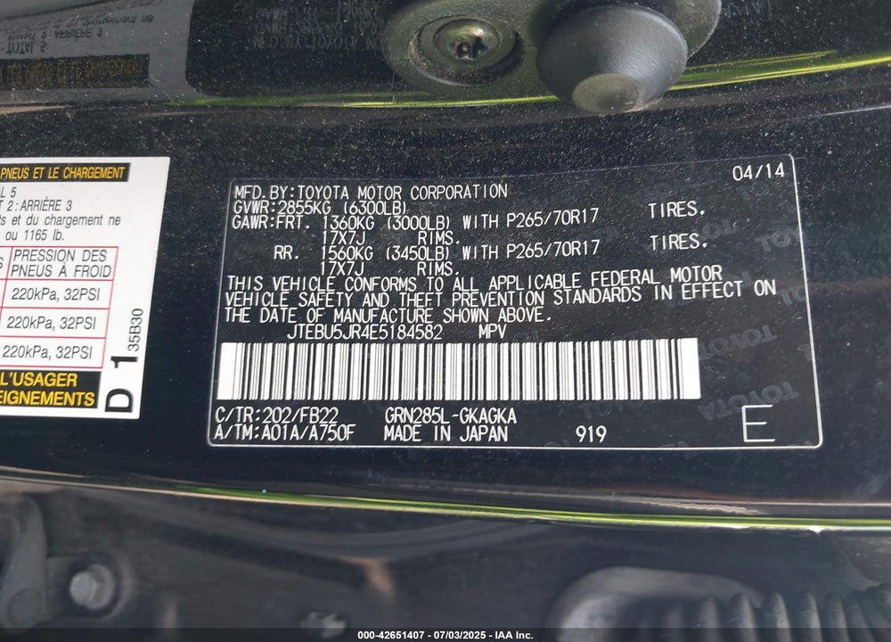 2014 TOYOTA 4RUNNER SR5 VIN: JTEBU5JR4E5184582