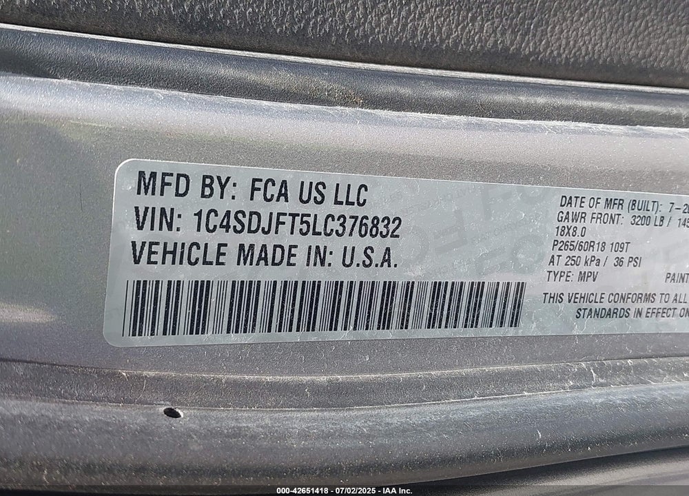 2020 DODGE DURANGO VIN: 1C4SDJFT5LC376832