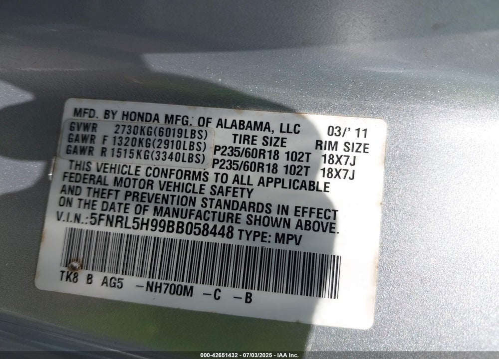 2011 HONDA ODYSSEY VIN: 5FNRL5H99BB058448