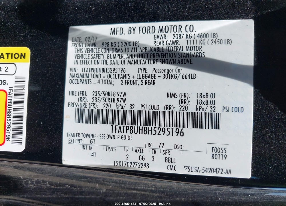 2017 FORD MUSTANG VIN: 1FATP8UH8H5295196