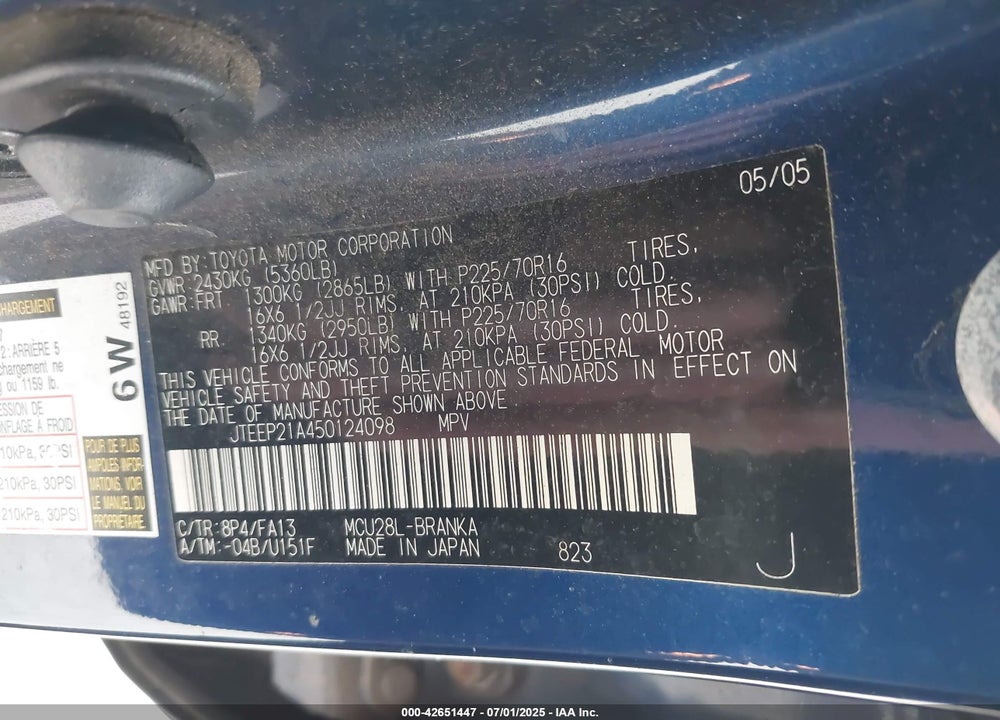 2005 TOYOTA HIGHLANDER V6 VIN: JTEEP21A450124098