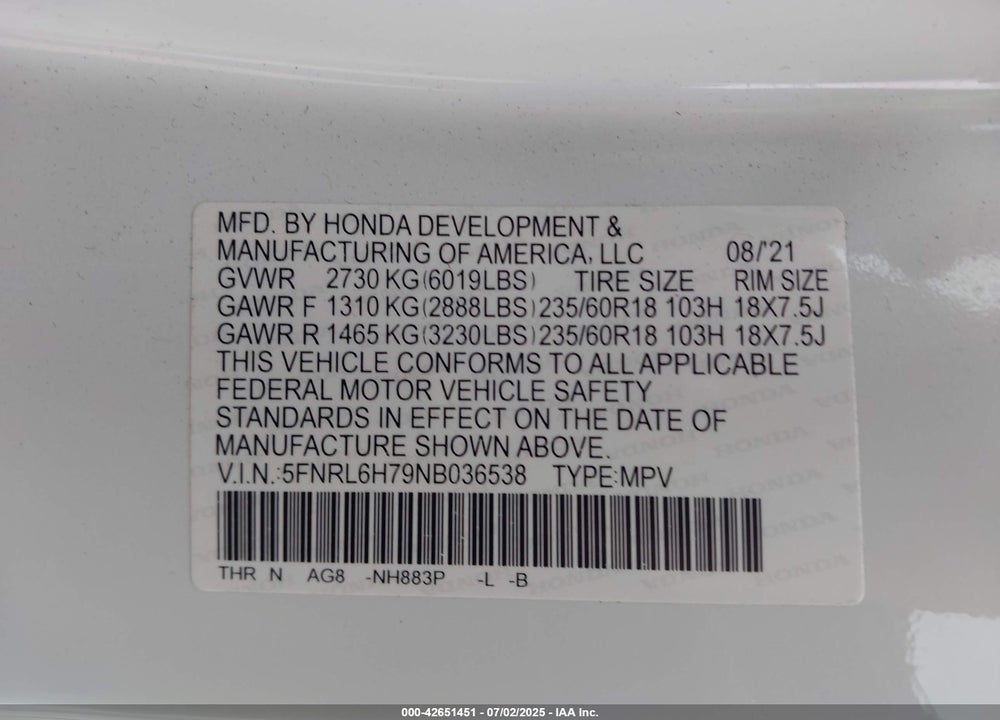 2022 HONDA ODYSSEY EX-L VIN: 5FNRL6H79NB036538