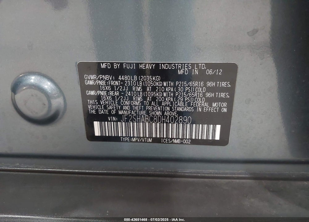 2013 SUBARU FORESTER VIN: JF2SHABC8DH402890