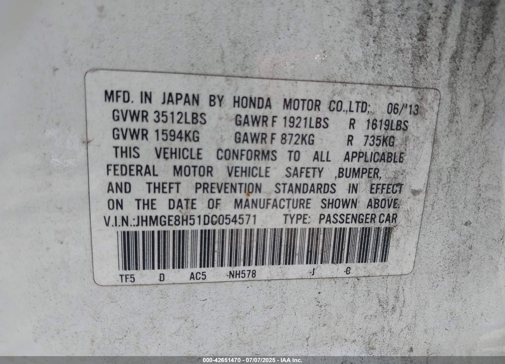 2013 HONDA FIT SPORT VIN: JHMGE8H51DC054571