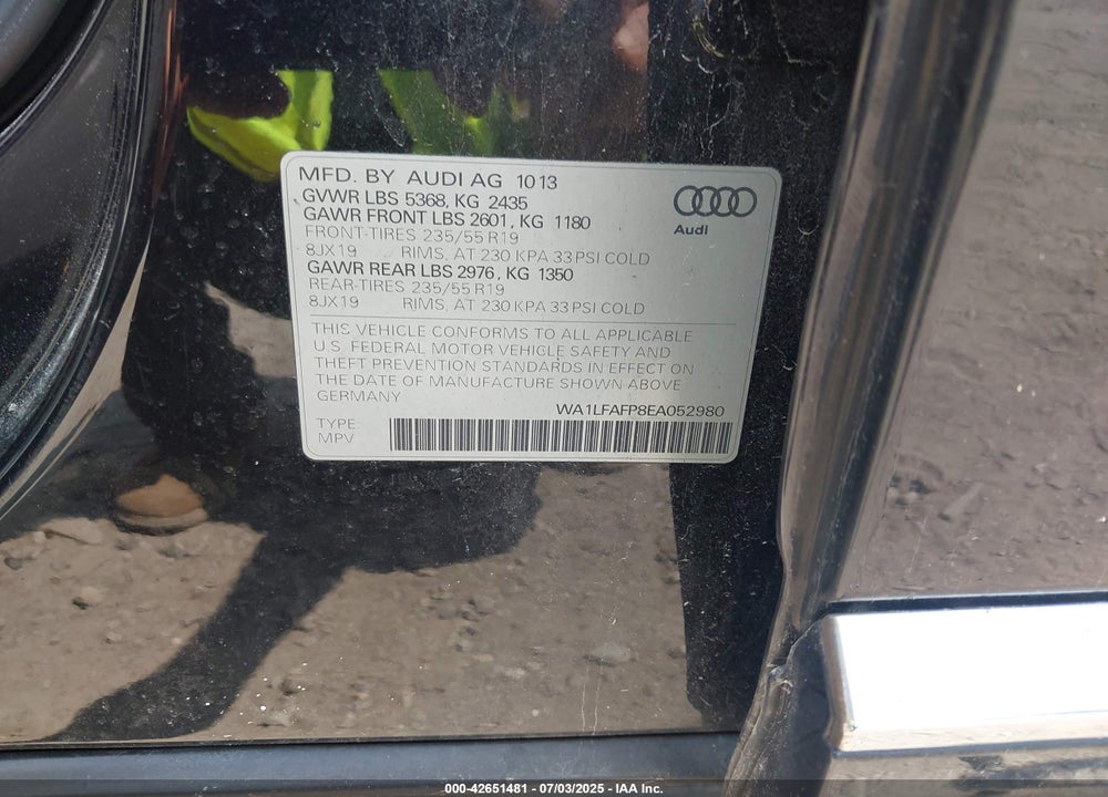 2014 AUDI Q5 VIN: WA1LFAFP8EA052980