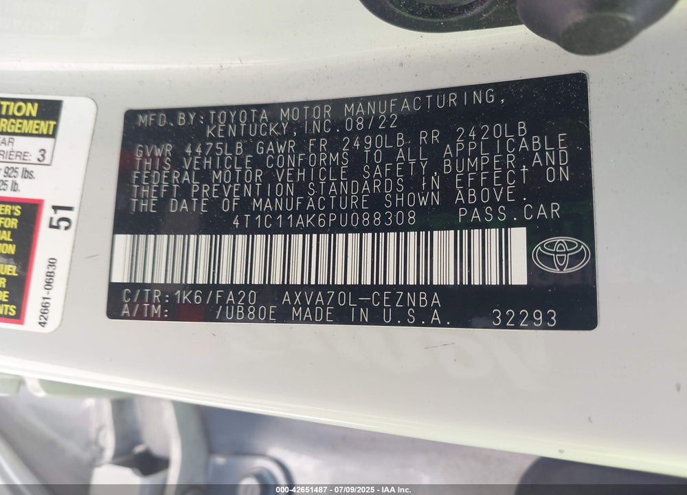 2023 TOYOTA CAMRY LE VIN: 4T1C11AK6PU088308