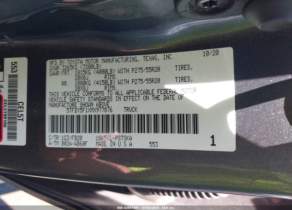 2021 TOYOTA TUNDRA VIN: 5TFDY5F1XMX977876