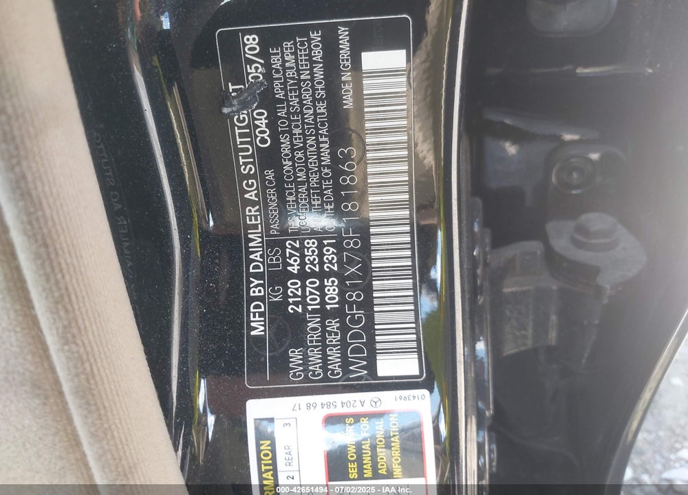 2008 MERCEDES-BENZ C CLASS VIN: WDDGF81X78F181863