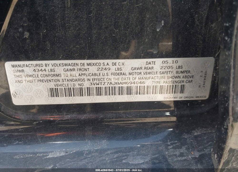 2010 VOLKSWAGEN JETTA VIN: 3VWTZ7AJ8AM694046