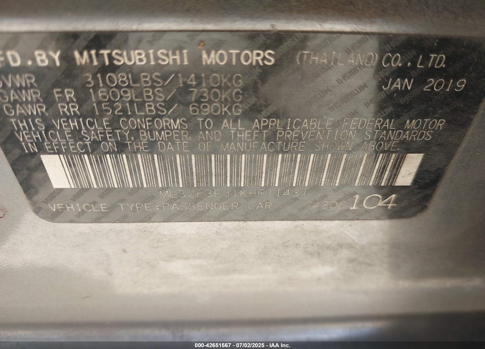 2019 MITSUBISHI MIRAGE VIN: ML32F3FJ1KHF11431