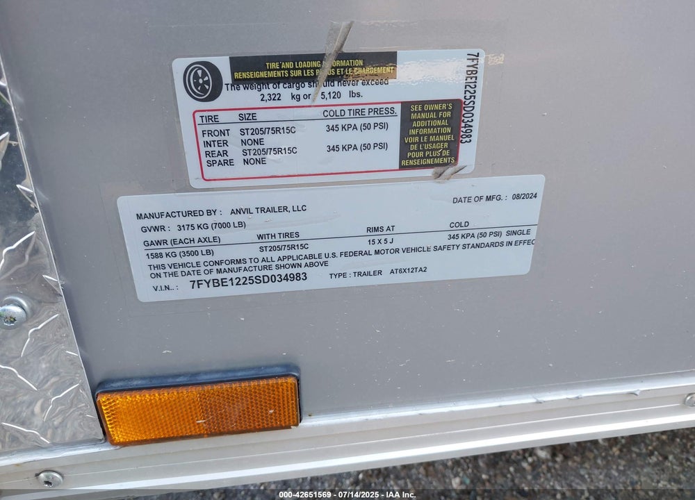 2025 ANVIL TRAILER CARGO TRAILER 12FT VIN: 7FYBE1225SD034983