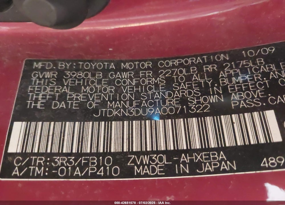 2010 TOYOTA PRIUS VIN: JTDKN3DU9A0071322