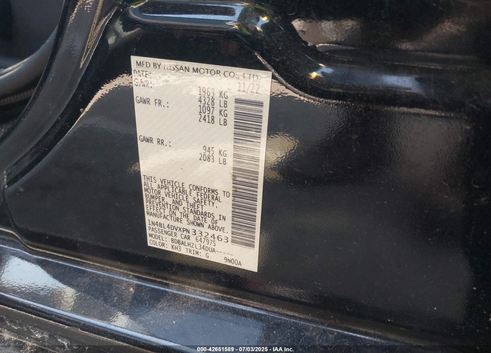 2023 NISSAN ALTIMA SV FWD VIN: 1N4BL4DVXPN332463