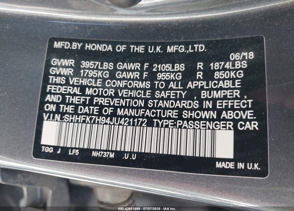 2018 HONDA CIVIC SPORT TOURING VIN: SHHFK7H94JU421172
