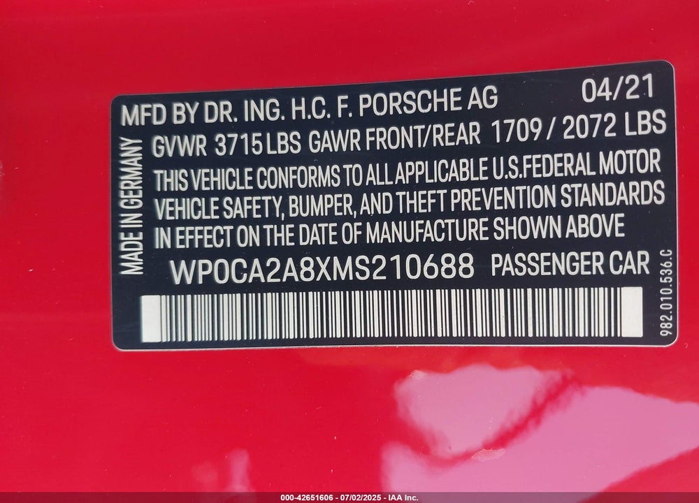 2021 PORSCHE 718 BOXSTER VIN: WP0CA2A8XMS210688