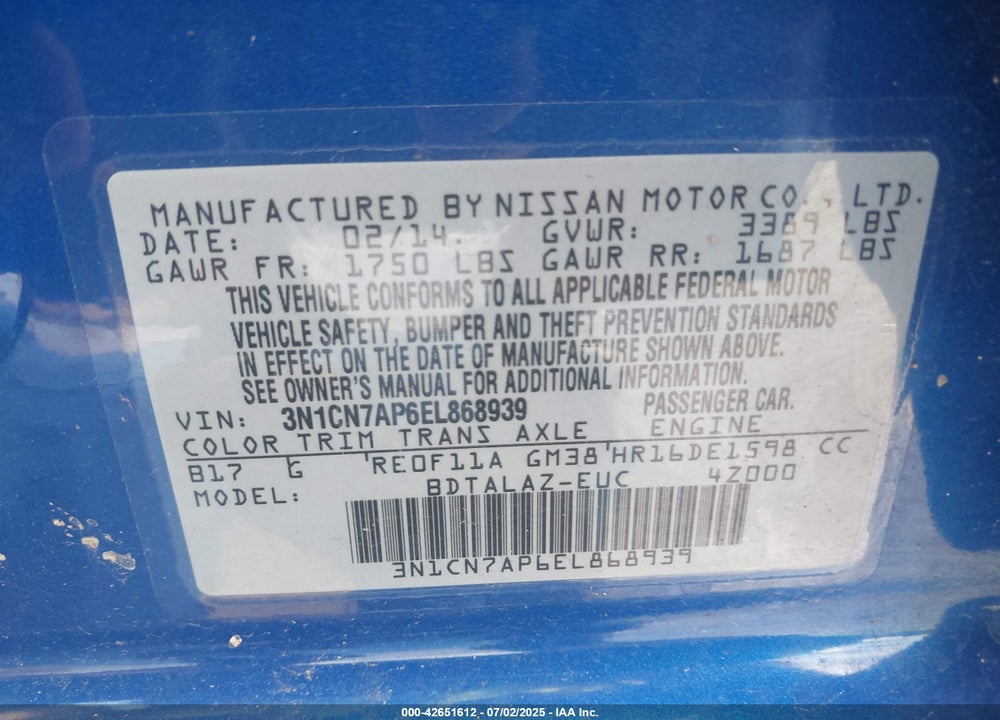2014 NISSAN VERSA VIN: 3N1CN7AP6EL868939
