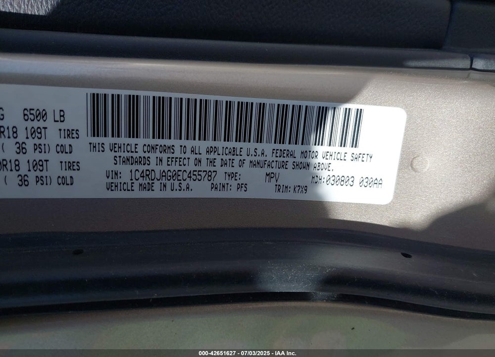 2014 DODGE DURANGO VIN: 1C4RDJAG0EC455787