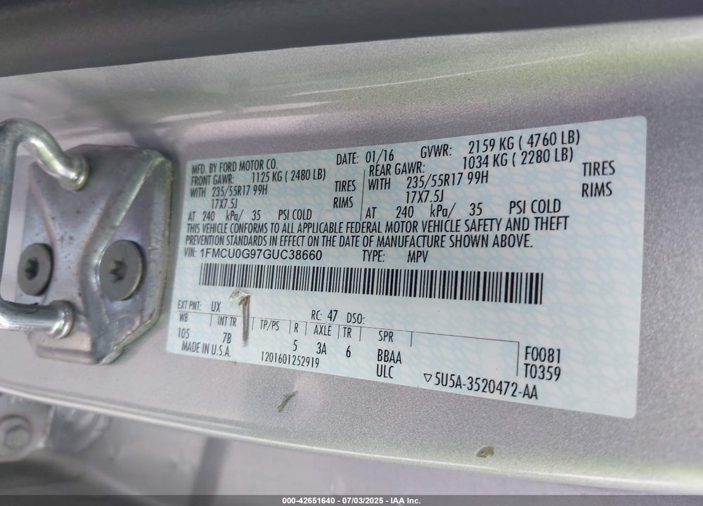 2016 FORD ESCAPE VIN: 1FMCU0G97GUC38660