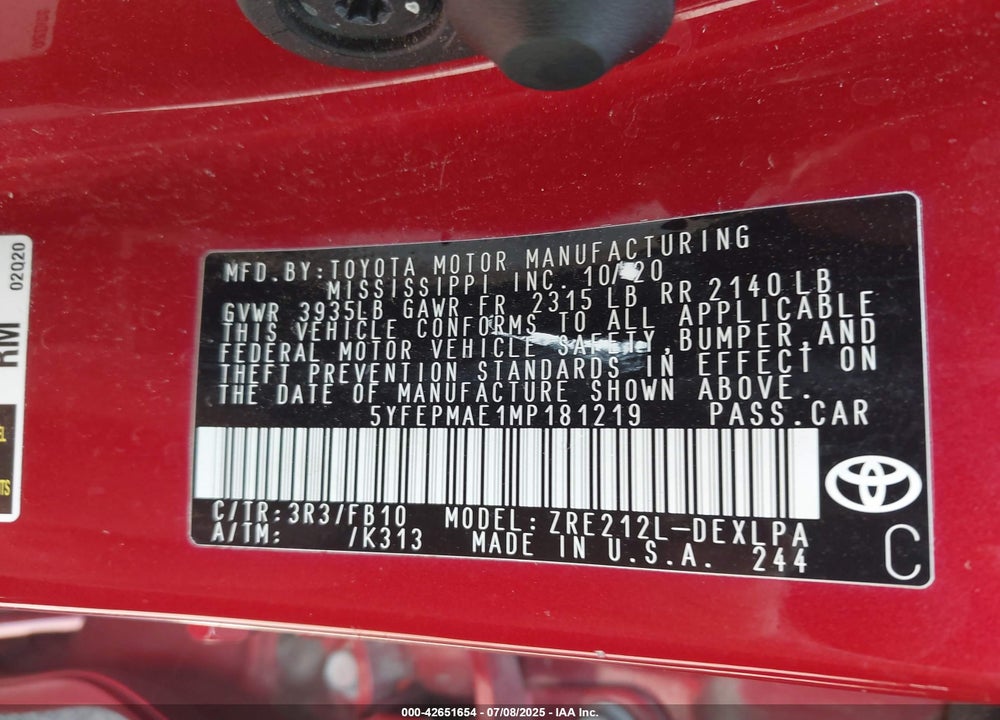 2021 TOYOTA COROLLA VIN: 5YFEPMAE1MP181219