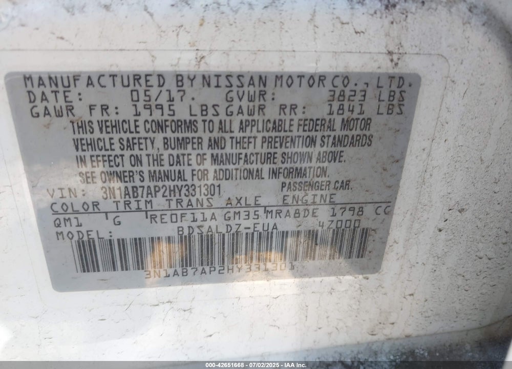 2017 NISSAN SENTRA SV VIN: 3N1AB7AP2HY331301