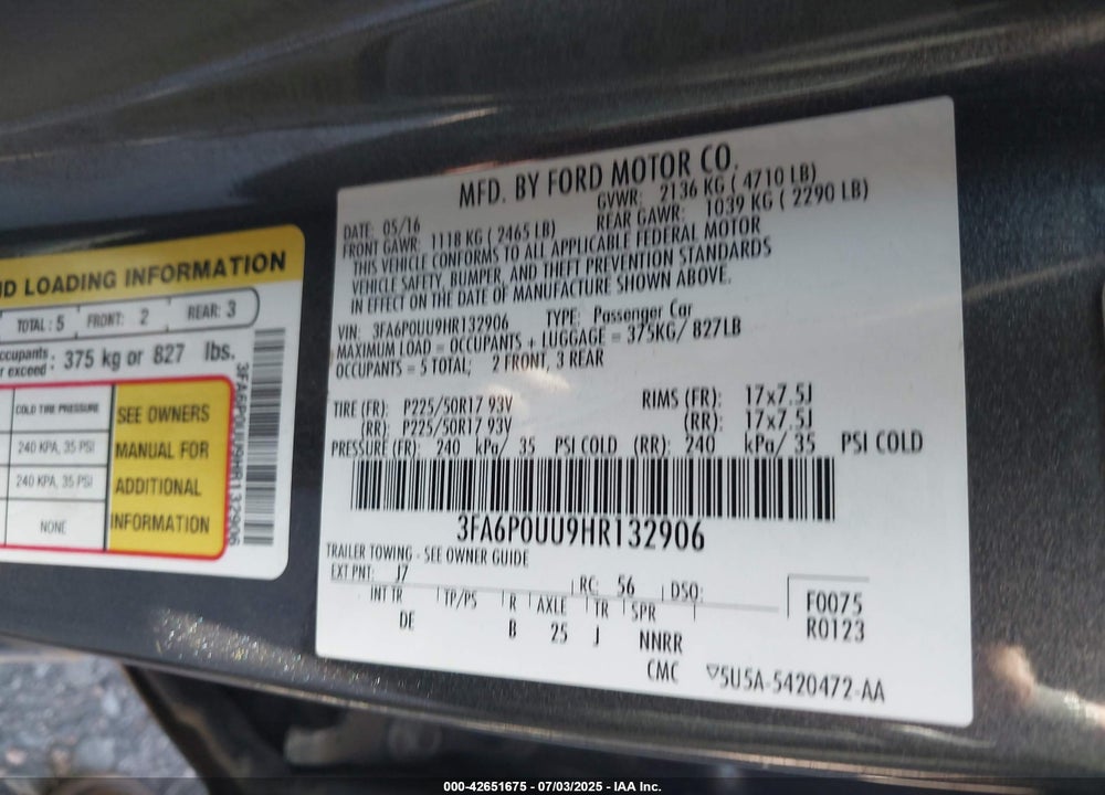 2017 FORD FUSION HYBRID VIN: 3FA6P0UU9HR132906