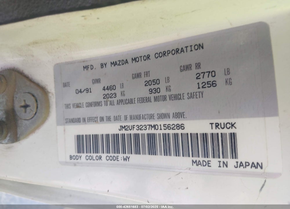 1991 MAZDA B2200 CAB PLUS VIN: JM2UF3237M0156286
