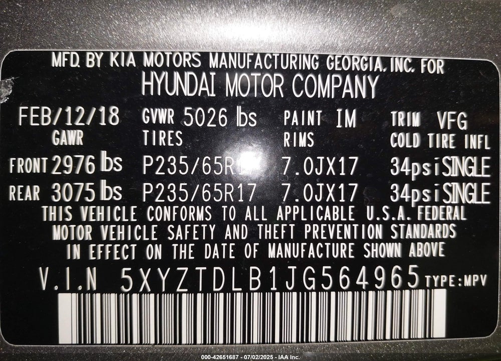 2018 HYUNDAI SANTA FE VIN: 5XYZTDLB1JG564965
