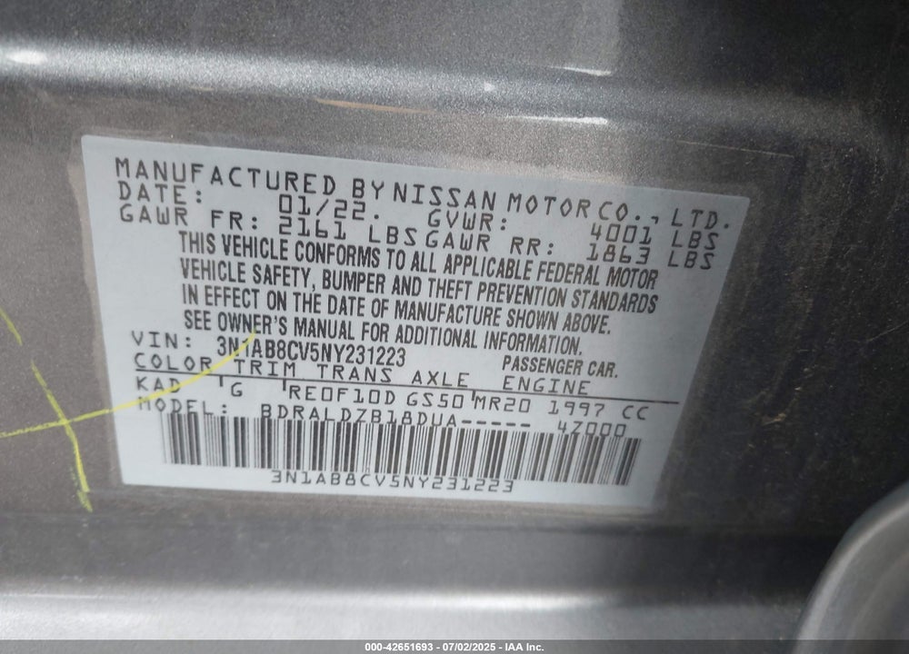 2022 NISSAN SENTRA VIN: 3N1AB8CV5NY231223