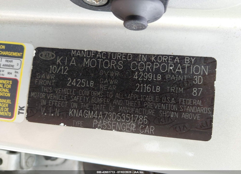 2013 KIA OPTIMA VIN: KNAGM4A73D5351786