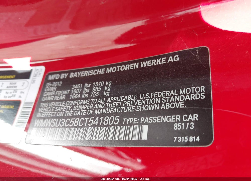 2012 MINI COOPER VIN: WMWSU3C58CT541805