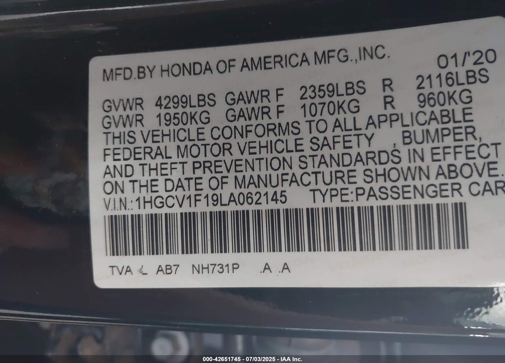 2020 HONDA ACCORD LX VIN: 1HGCV1F19LA062145